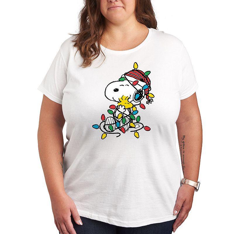 Plus Peanuts Christmas Lights Graphic Tee, Womens Grey Royal Blue Product Image