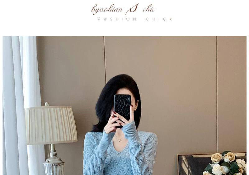 Long-Sleeve Notch Neck Plain Knit Mermaid Dress Product Image