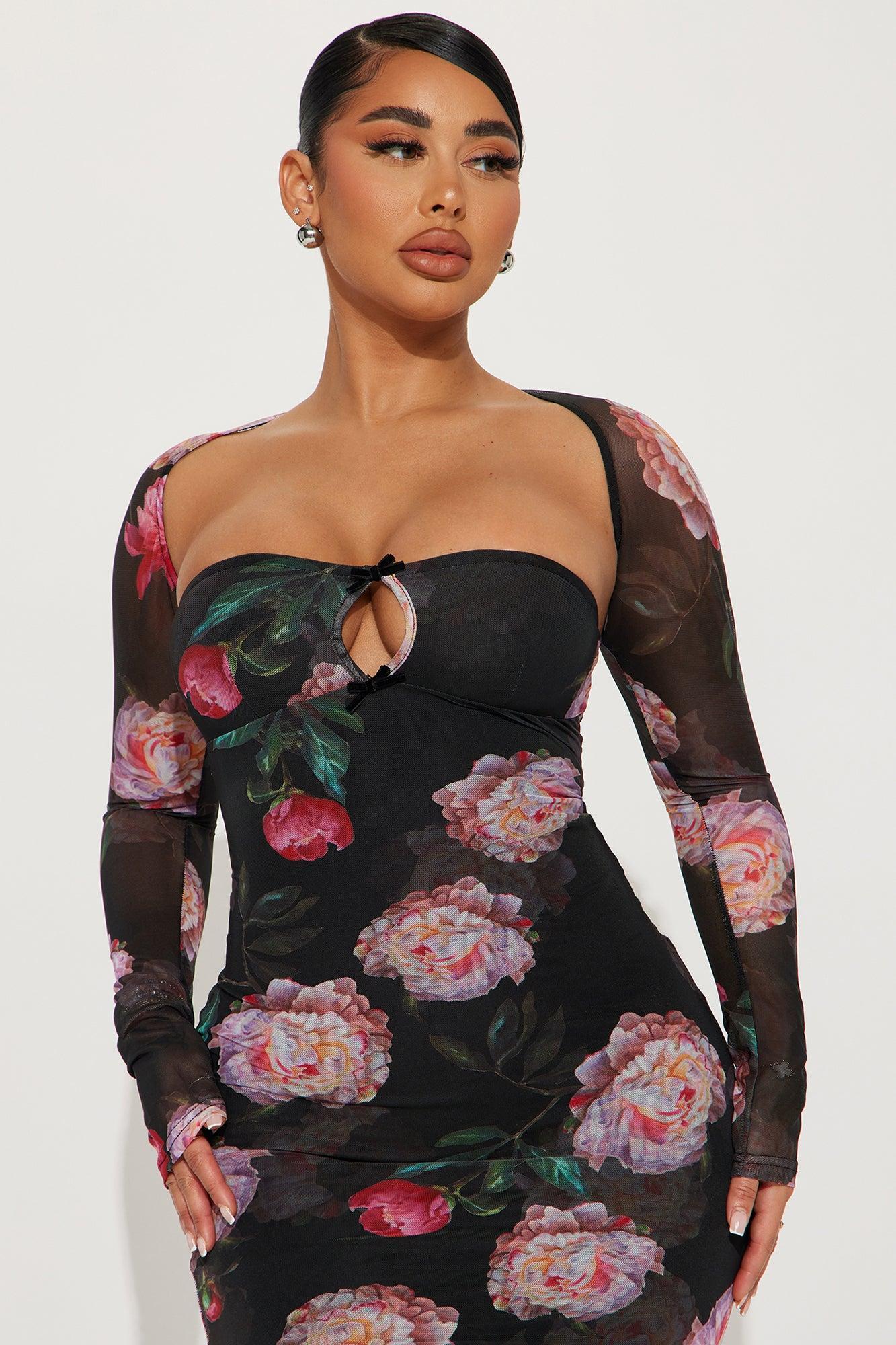 June Bloom Mesh Midi Dress Set - Black/combo Product Image