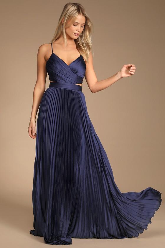 Got the Glam Navy Blue Pleated Cutout Maxi Dress Product Image