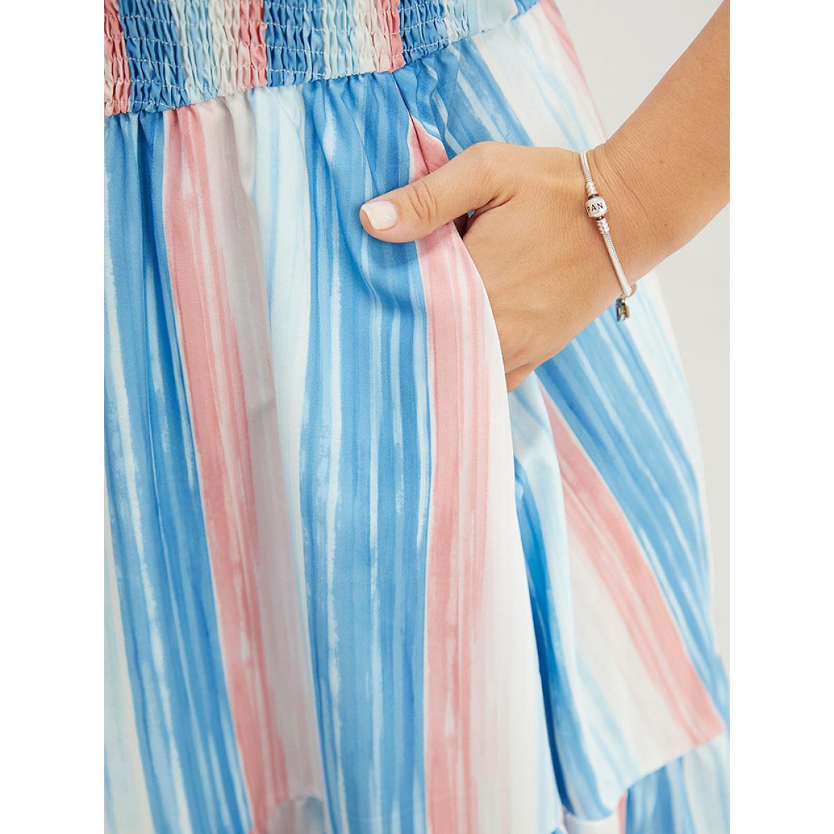 Plus Size Striped Contrast Shirred Pocket Ruffle Tiered Cami Dress Multicolor Women Vacation Adjustable Straps Spaghetti Strap Sleeveless Curvy Midi Dress BloomChic 26/4X Product Image