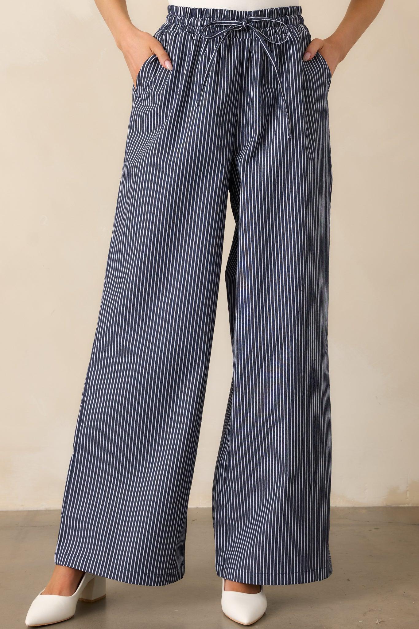 Stay For A While Navy Stripe Drawstring Pants Product Image
