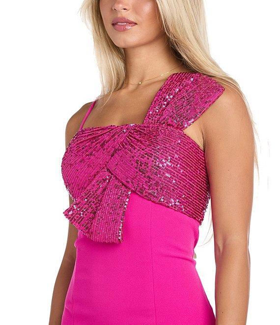 Morgan & Co. Sequin Scuba Crepe One Shoulder Side Bow Long Dress Product Image