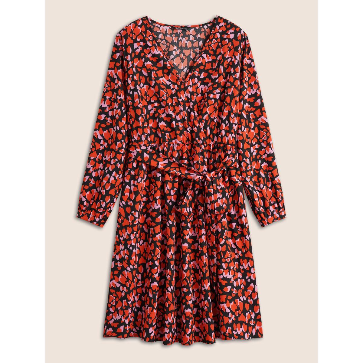 Plus Size Heart Allover Print Belted Surplice Neck Dress Black Women Elegant Wrap Overlap Collar Long Sleeve Curvy Midi Dress BloomChic 18-20/2X Product Image
