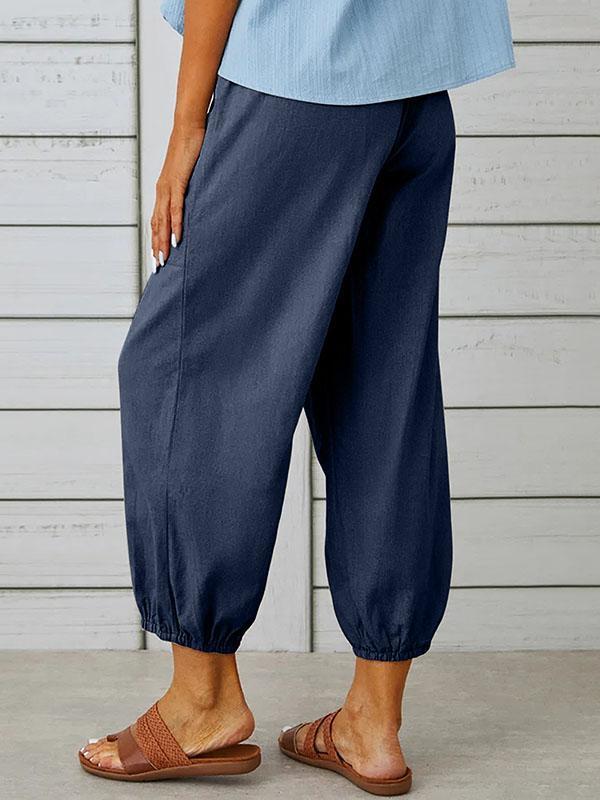 High Waisted Loose Buttoned Drawstring Elasticity Pockets Split-Joint Ninth Pants Trousers Product Image