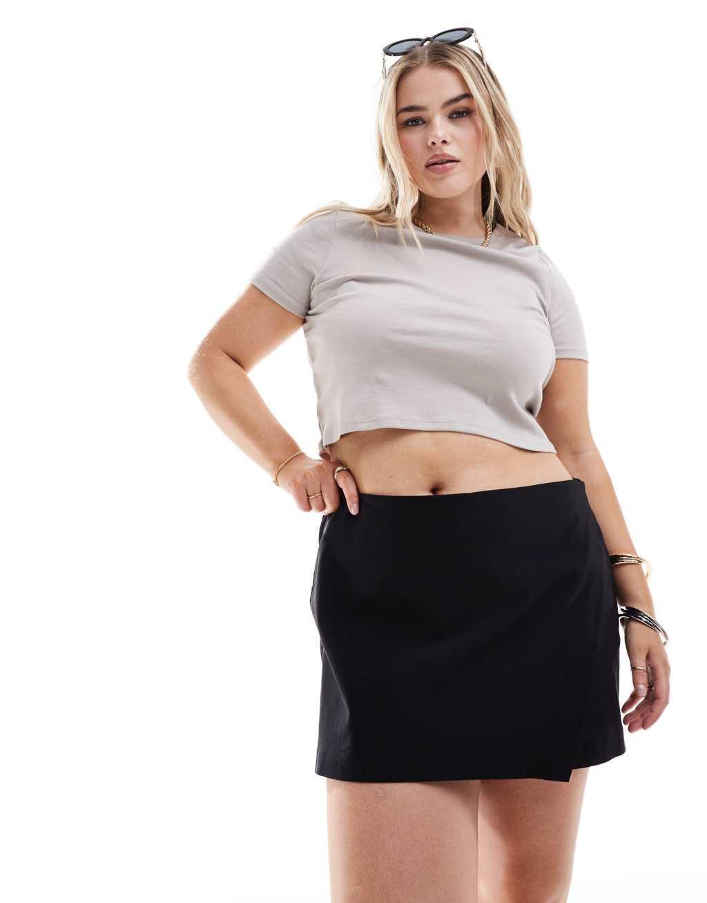 ASOS DESIGN Curve asymmetric wrap bengaline skort in black Product Image