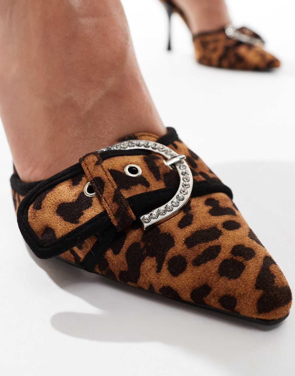 Public Desire Elton two part pointed heels with embellsihed buckle detail in leopard Product Image