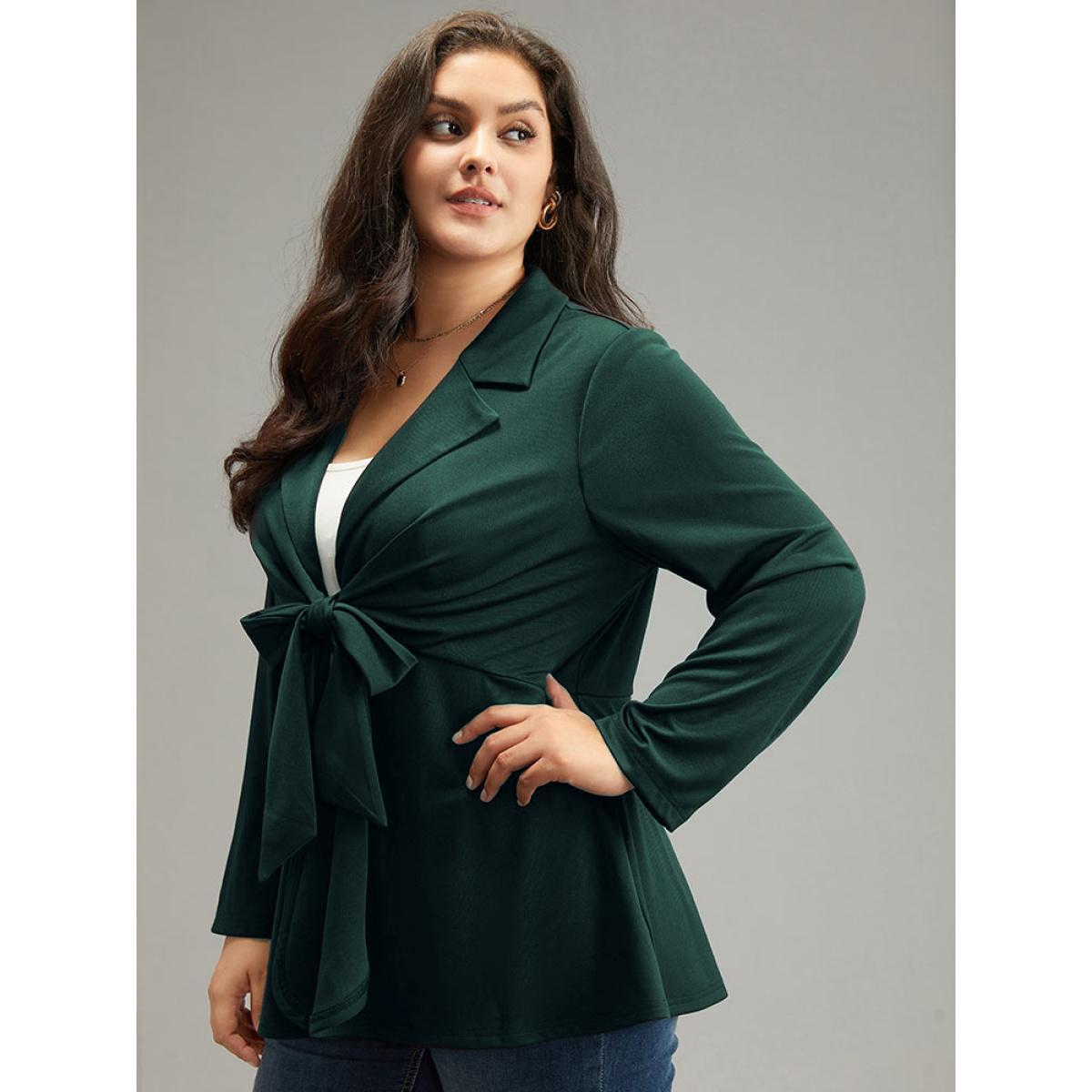 Plus Size Suit Collar Knot Ruffle Hem Blazer DarkGreen Women Work Plain Plain Sleeve Long Sleeve Suit Collar 12/L Work From Home Blazers BloomChic Product Image