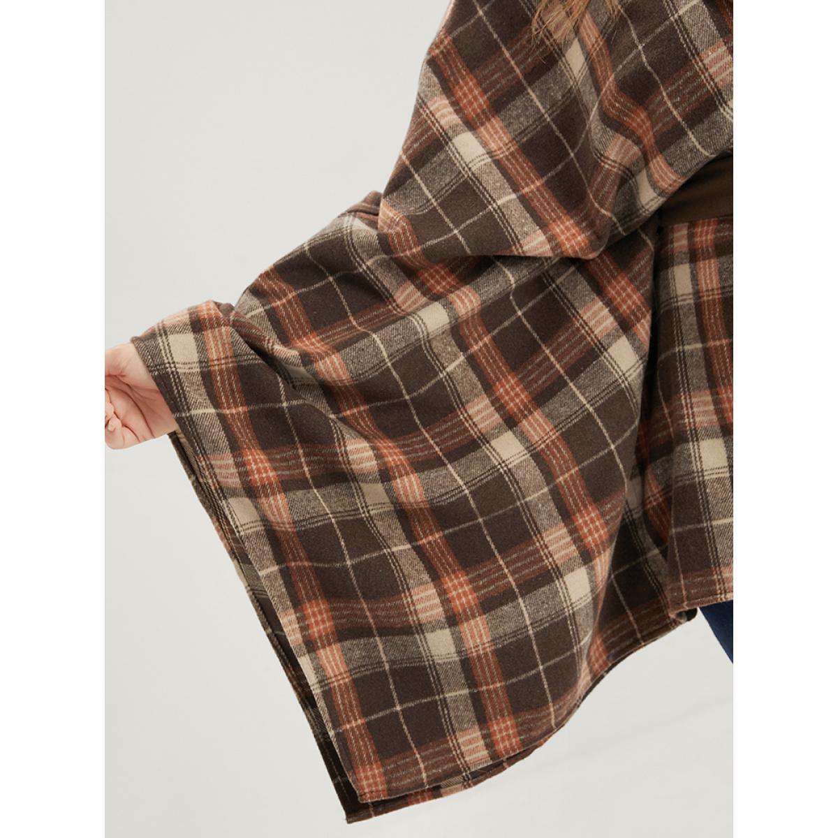 Plus Size Plaid Contrast Suit Collar Dolman Sleeve Belted Coat Women DarkBrown Elegant Belted Loose Ladies Dailywear Winter Coats BloomChic 12/L Product Image