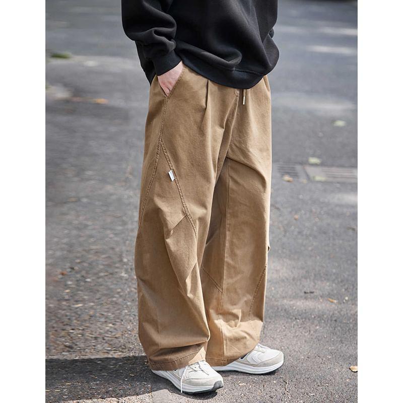 Drawstring Waist Plain Ruched Wide Leg Cargo Pants Product Image