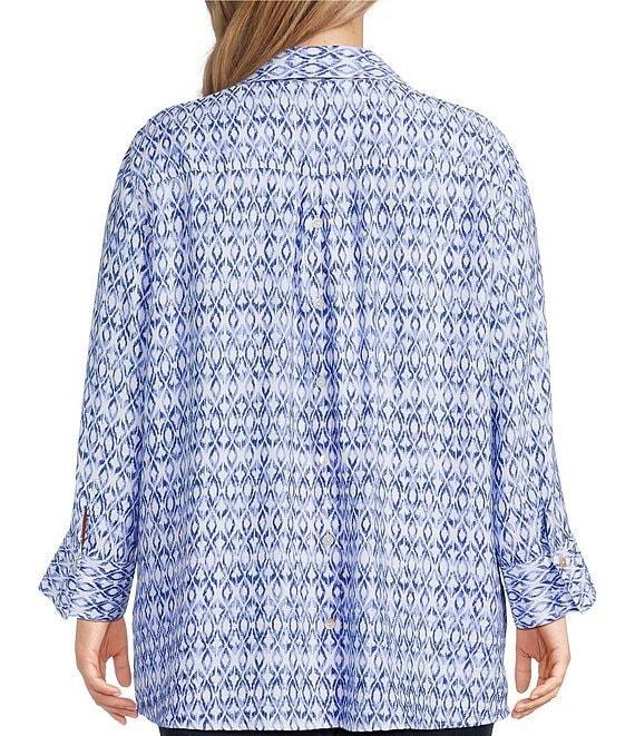 John Mark Plus Size Allover Ikat Print Point Collar 3/4 Sleeve Hi-Low Hem Button-Front Shirt Product Image