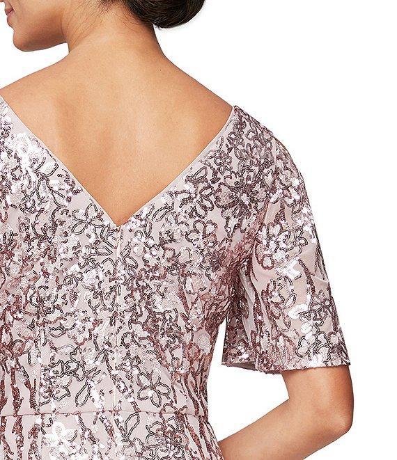 Alex Evenings Floral Sequin Cold Shoulder Short Flutter Sleeve V-Neck Sheath Long Gown Product Image