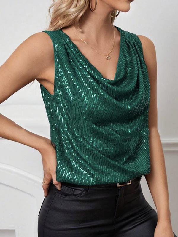 Loose Sleeveless Sequined Shiny Solid Color Split-Joint V-Neck Vest Top Product Image