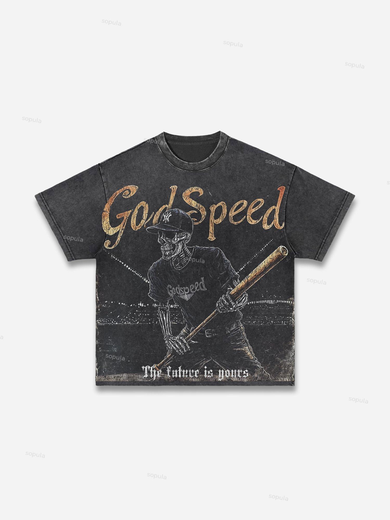 God Speed ​​skeleton Baseball Vintage Graphic Acid Wash T-shirt Product Image