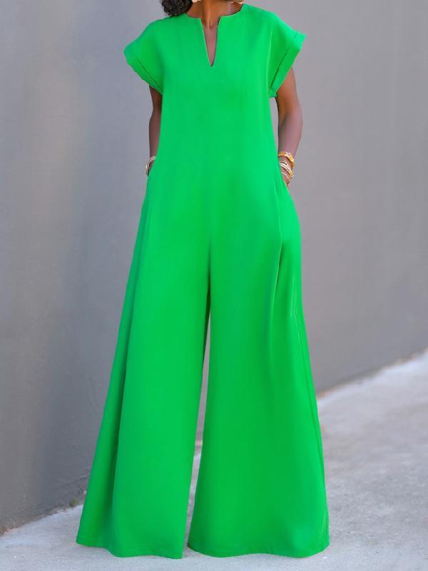 High Waisted Loose Pleated Pockets Solid Color V-Neck Jumpsuits Product Image
