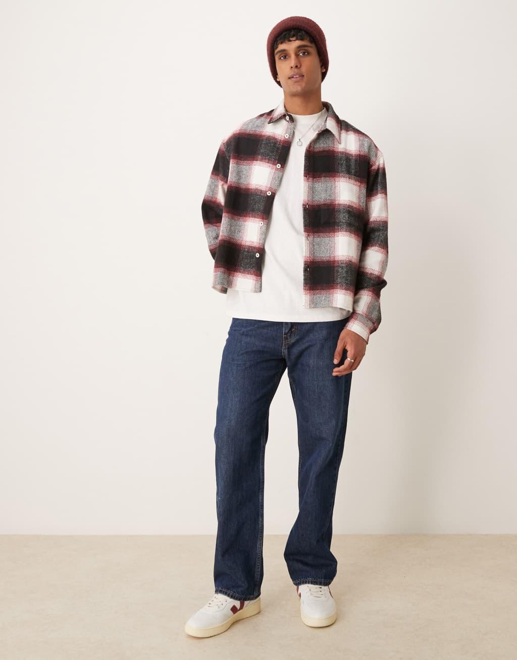 ASOS DESIGN oversized boxy flannel shirt in black and white plaid Product Image