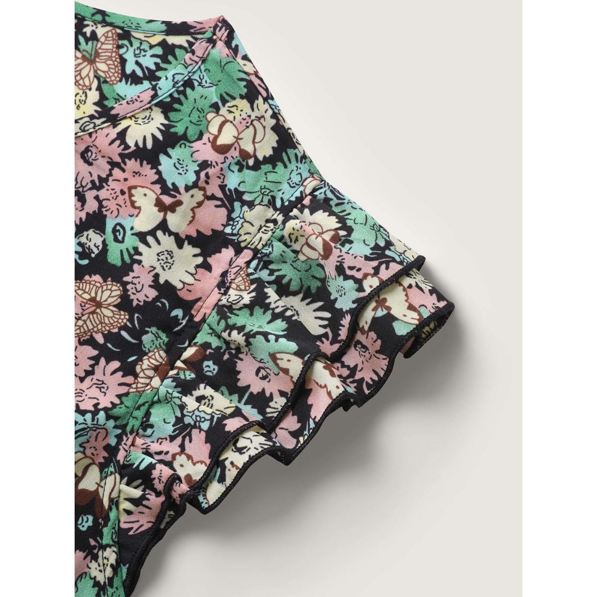 Plus Size Floral Layered Ruffled Sleeve Midi Dress Black Women Round Neck Cap Sleeve Curvy BloomChic 14-16/1X Product Image