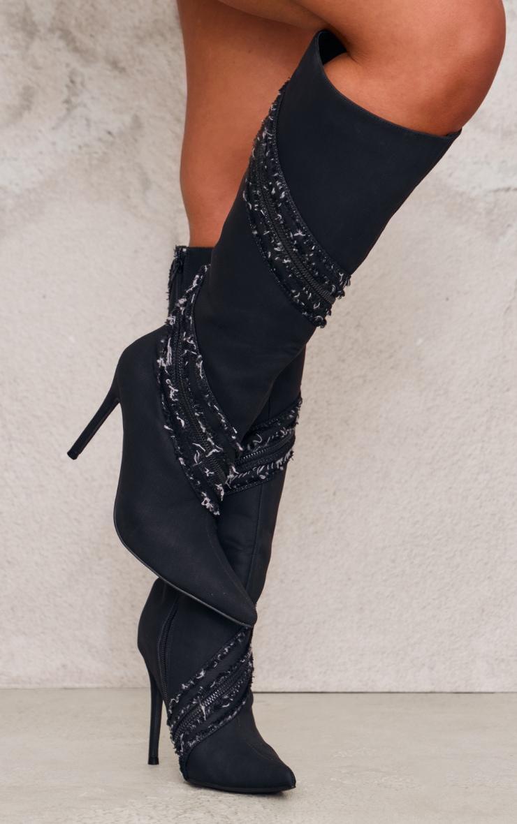 Black Denim Diamante Detail Point Toe High Heeled Knee Boots Product Image