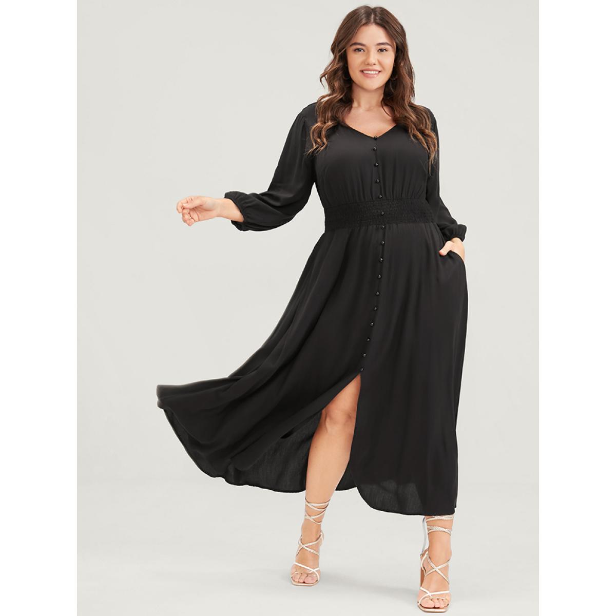 Plus Size Solid V Neck Lantern Sleeve Pocket Button Shirred Split Dress Black Women Elegant Elastic Waist V-neck Elbow-length sleeve Curvy Midi Dress BloomChic 22-24/3X Product Image