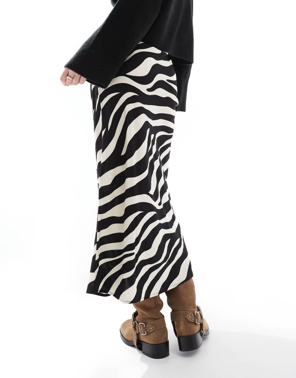 Object satin ankle skirt in mono zebra print Product Image