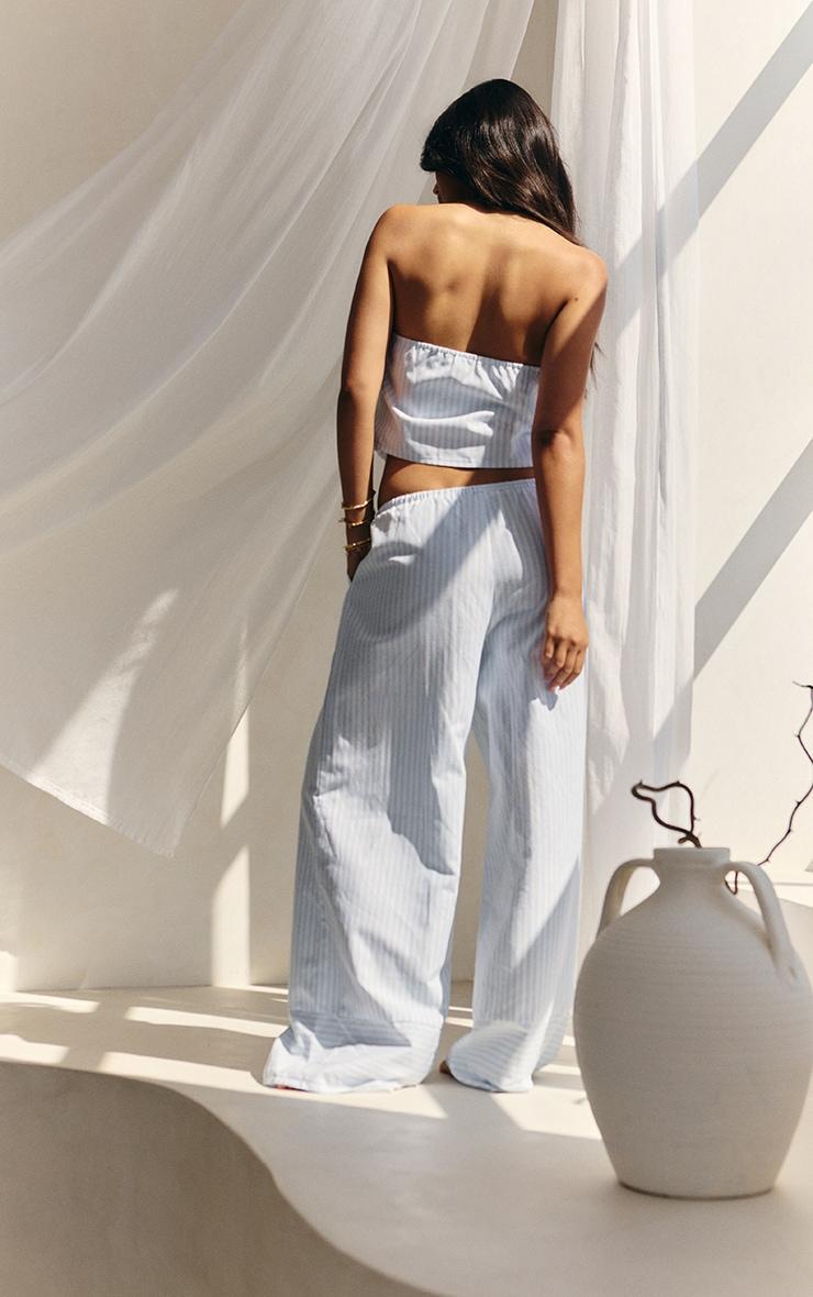 Blue Pinstriped Bandeau Dipped Hem Top Product Image