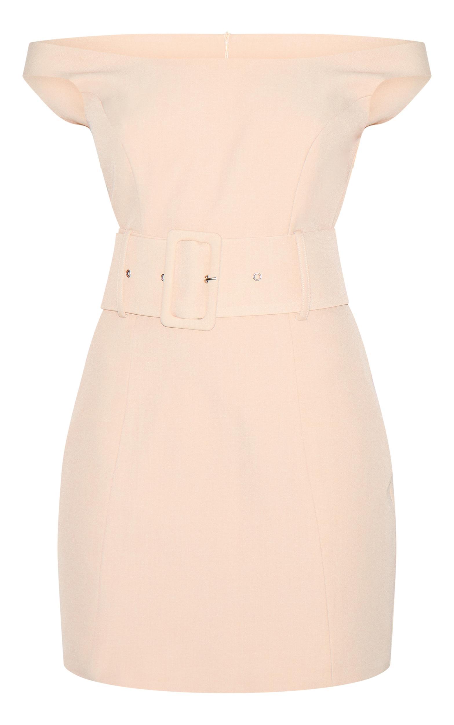 Almond Woven Off Shoulder Belt Detail Mini Dress Product Image