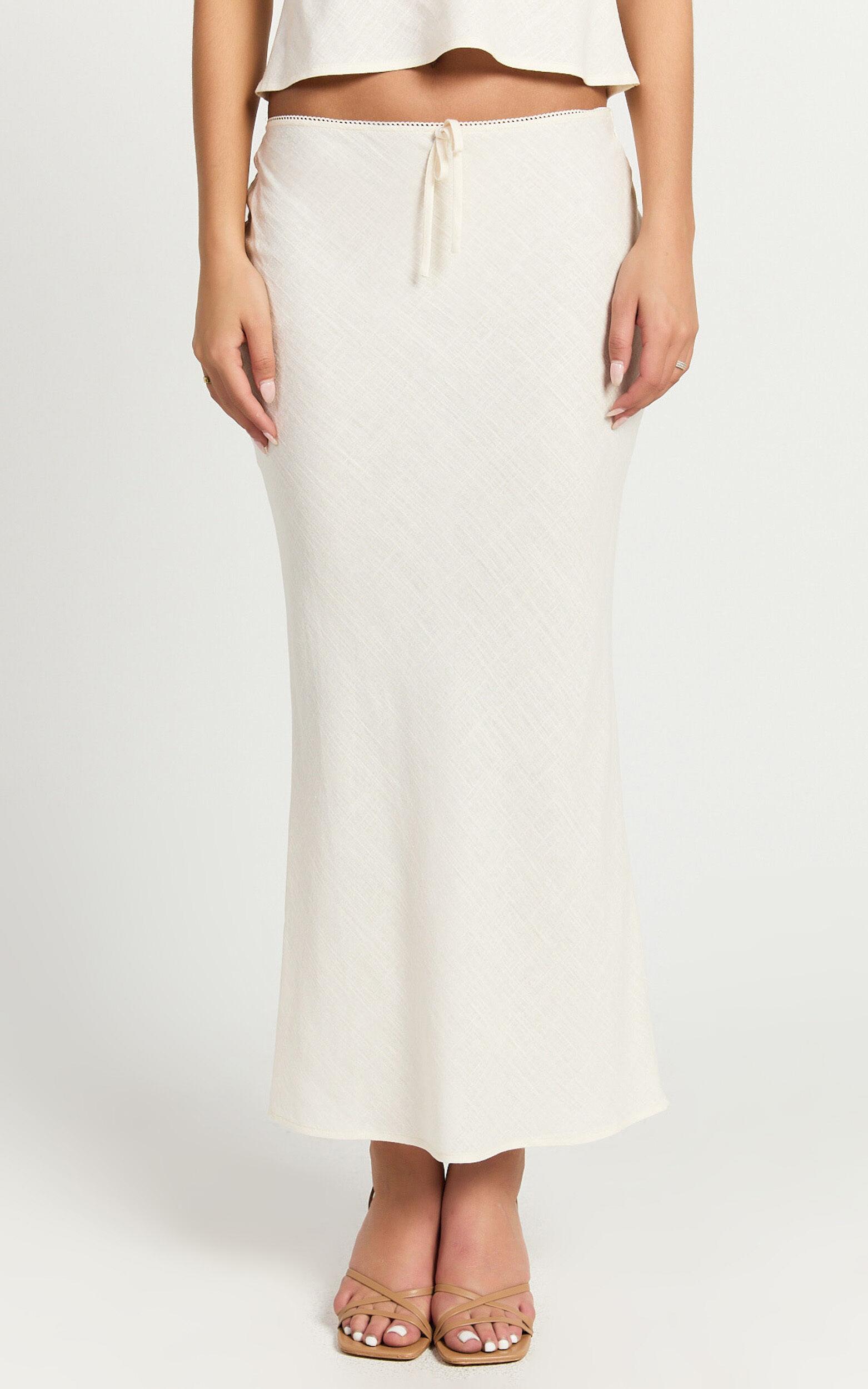 Polly Midi Skirt - Linen Low Waisted Front Bow Slip Skirt in Stone Product Image