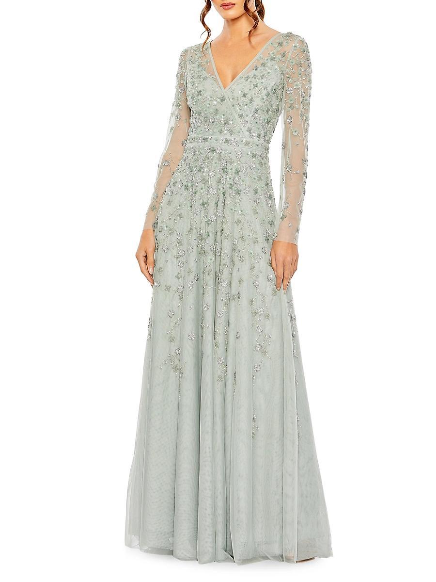 Womens Sequin Embellished Long-Sleeve Gown Product Image