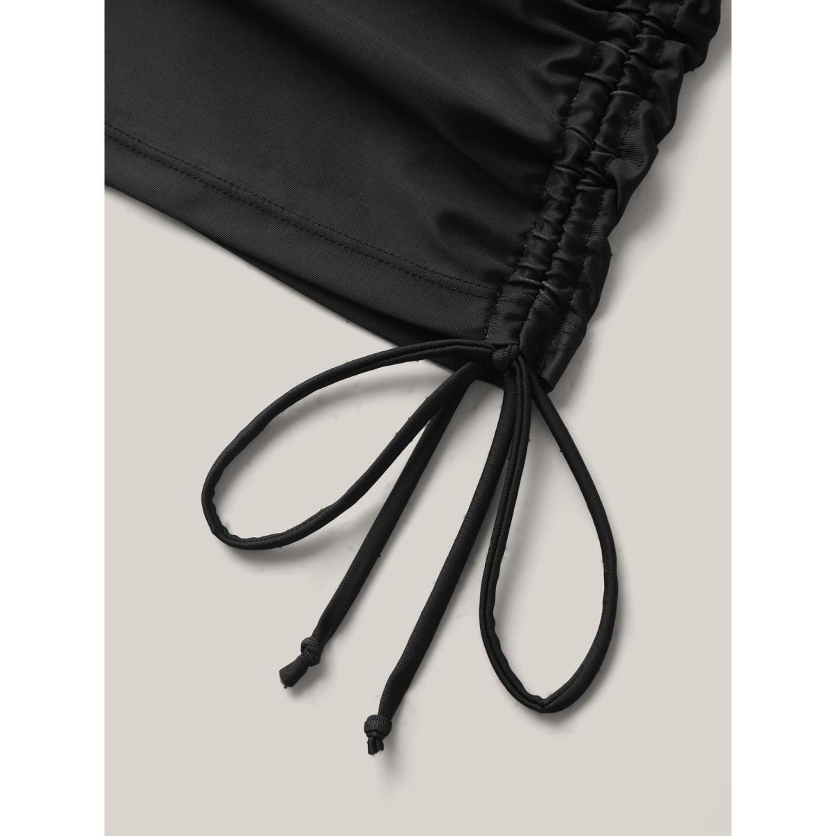 Plus Size Beachy Vibes Drawstring U-Neck Swim Top Women's Swimwear Black Resort Drawstring High stretch Bodycon U-neck Curve Swim Tops BloomChic 28/5X Product Image