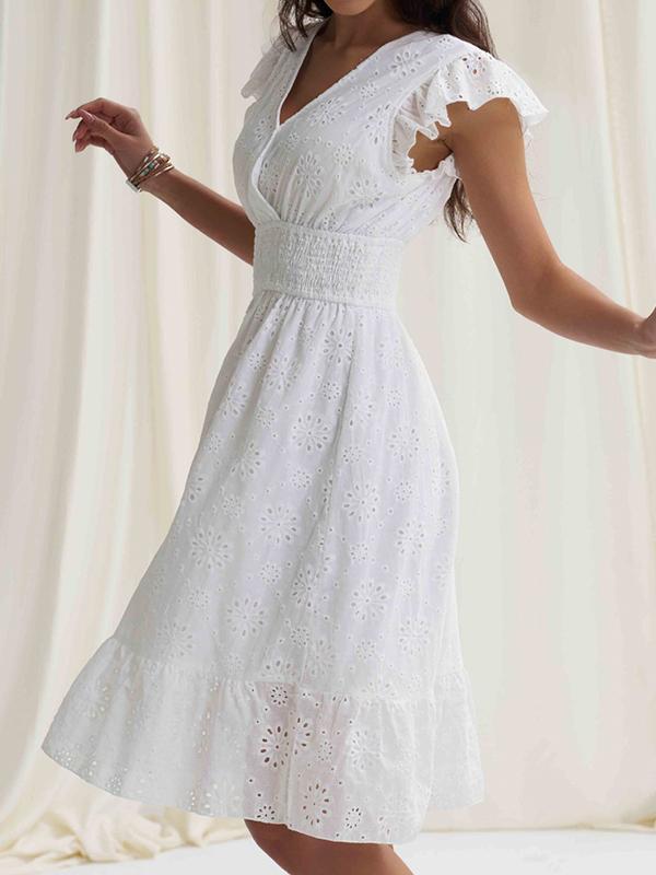 A-Line Loose Elasticity Hollow Pleated Solid Color V-Neck Mini Dresses Product Image