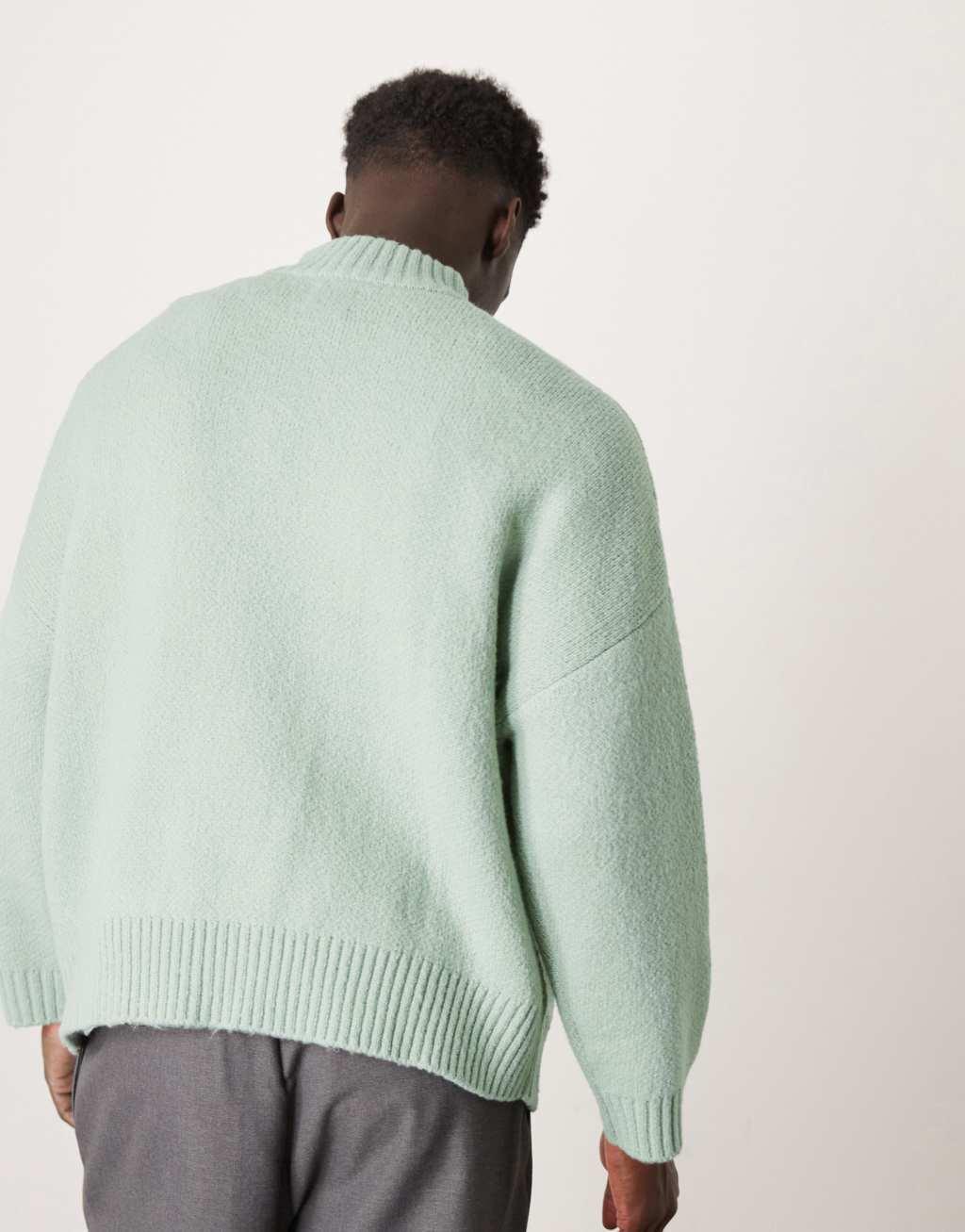 ASOS DESIGN super oversized boxy fit brushed knitted quarter zip sweater in sage green Product Image