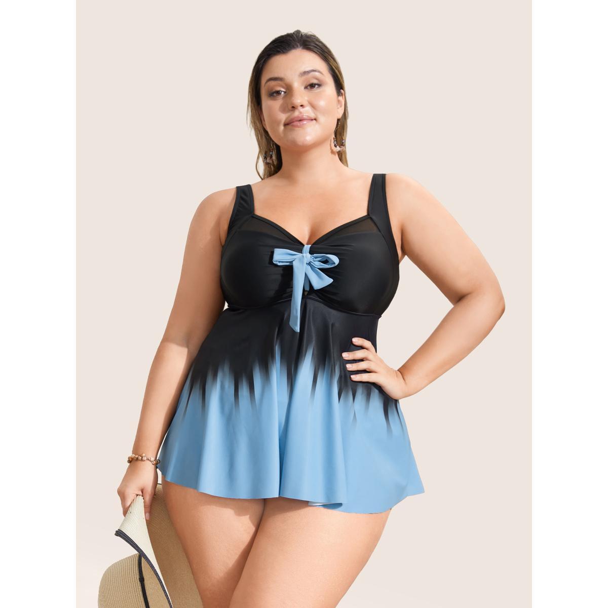 Plus Size Ombre Bowknot Ruched Mesh Patchwork Swim Top Women's Swimwear Black Beach Tie knot High stretch Bodycon Heart neckline Curve Swim Tops BloomChic 12/L Product Image