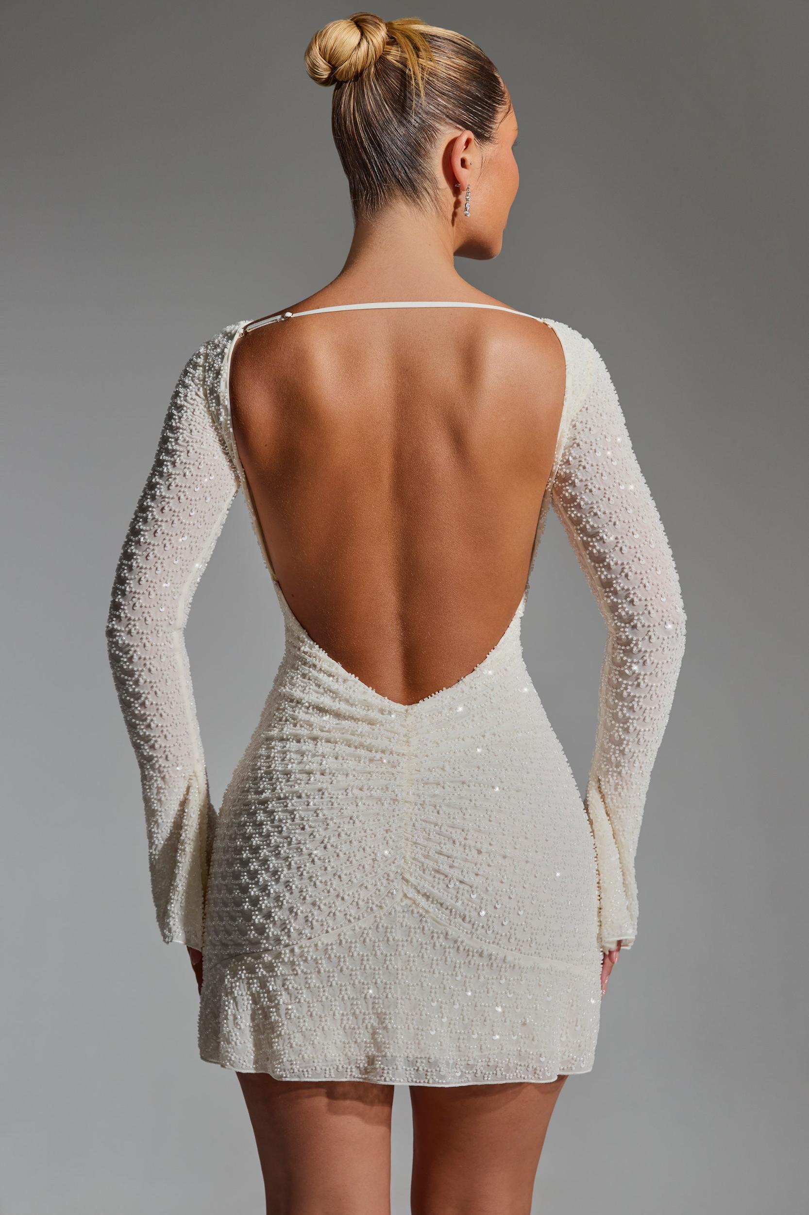 Embellished Open-Back A-Line Mini Dress in White Product Image