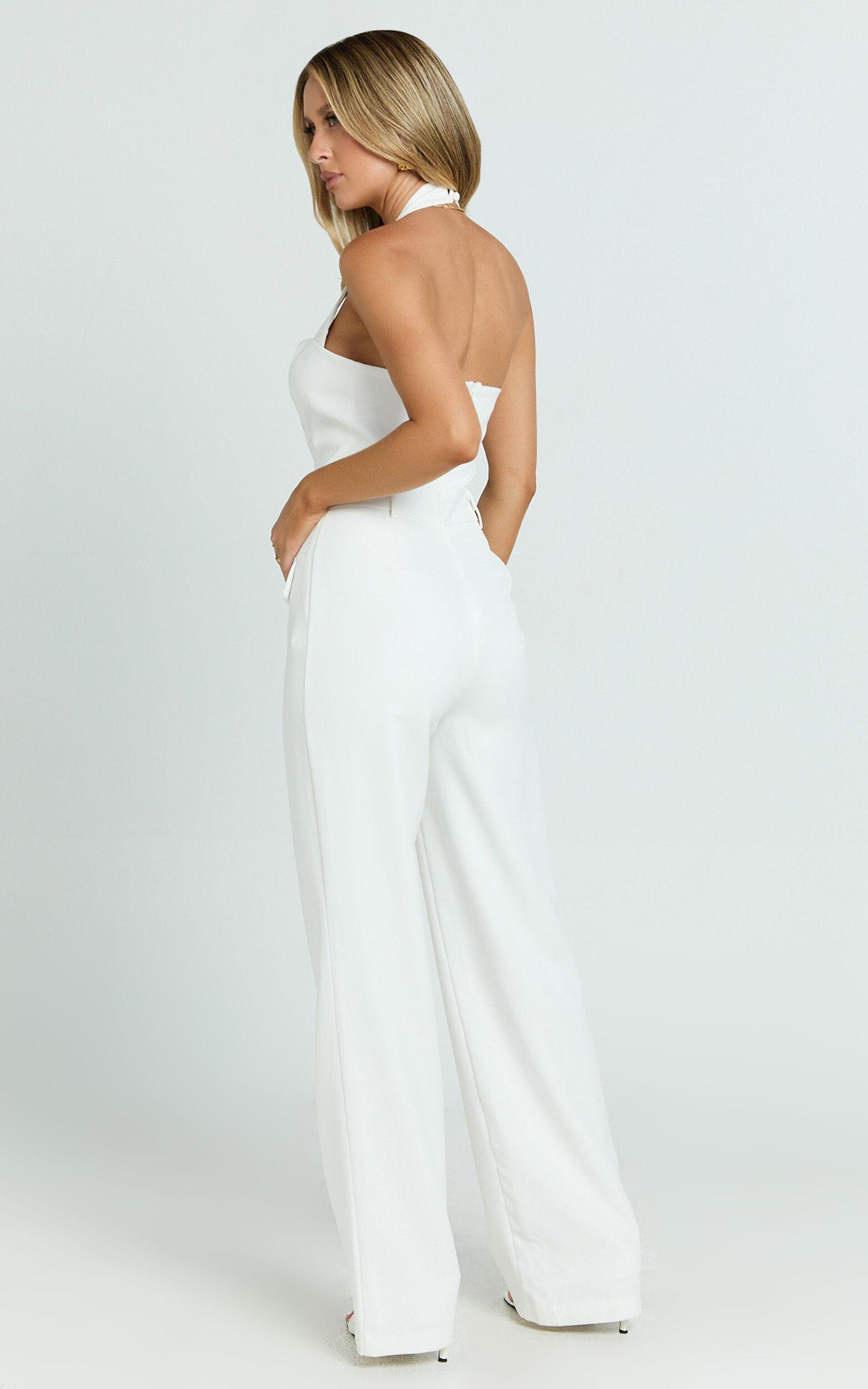 Koko Jumpsuit - Square Neck Halter Tailored Jumpsuit in White Product Image