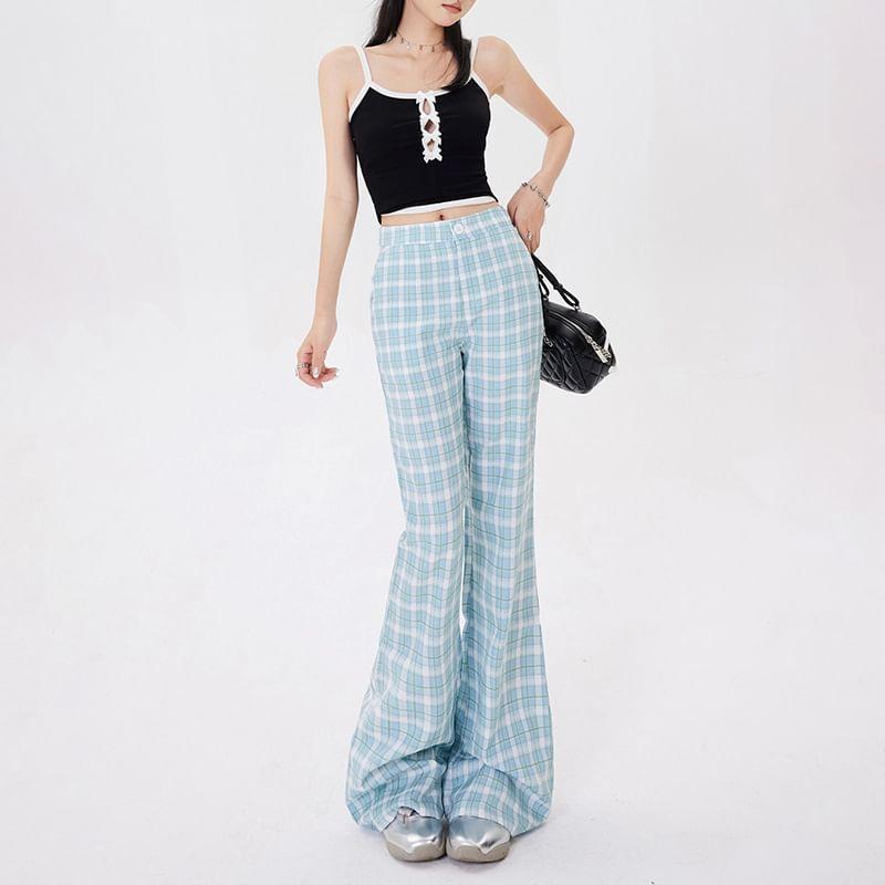 Mid Waist Plaid Flared Pants (Various Designs) Product Image