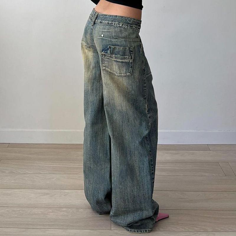 Low Waist Washed Loose-Fit Wide-Leg Jeans Product Image