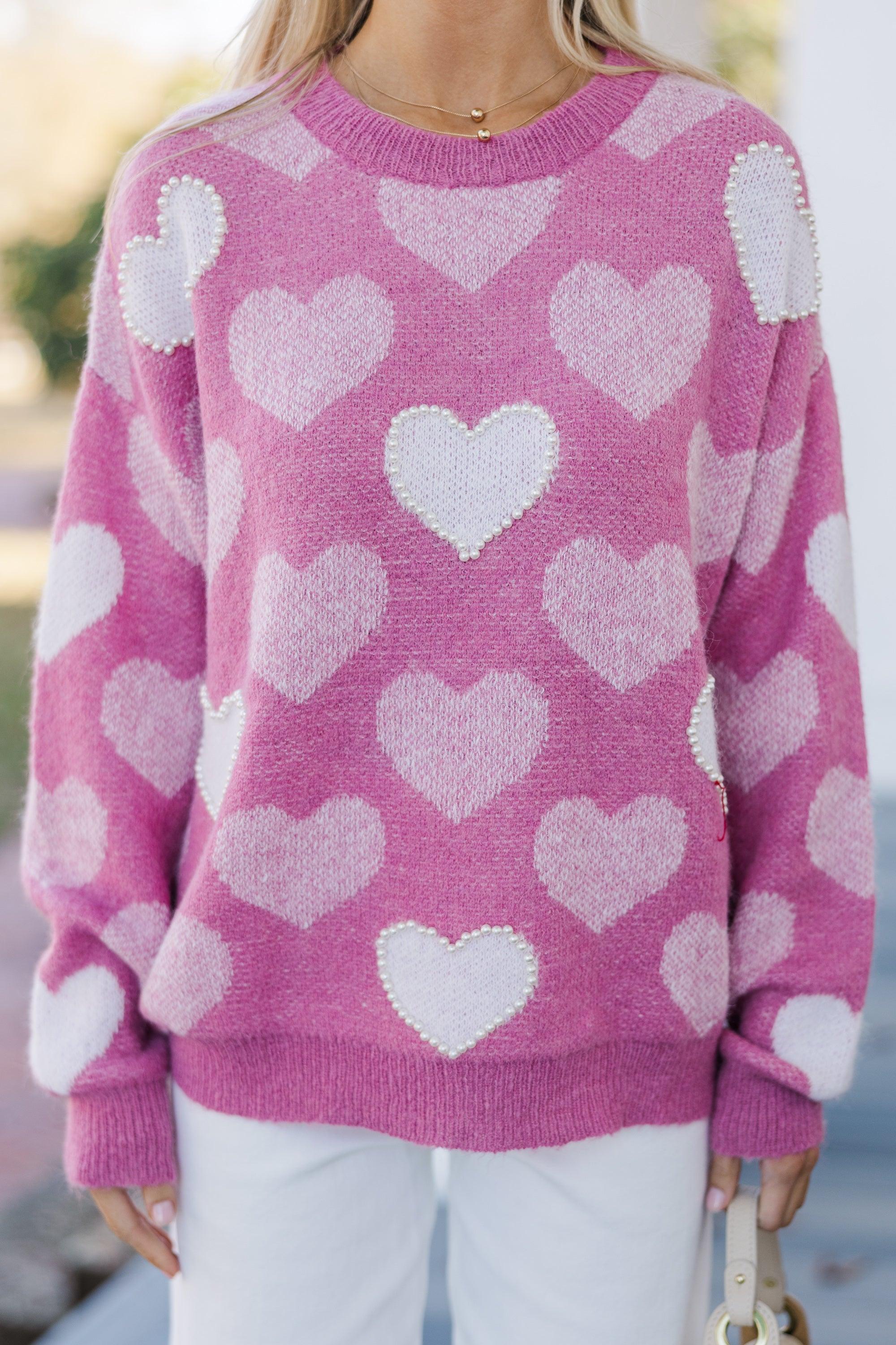 Feeling The Love Pink Heart Pearl Detailed Sweater Female Product Image