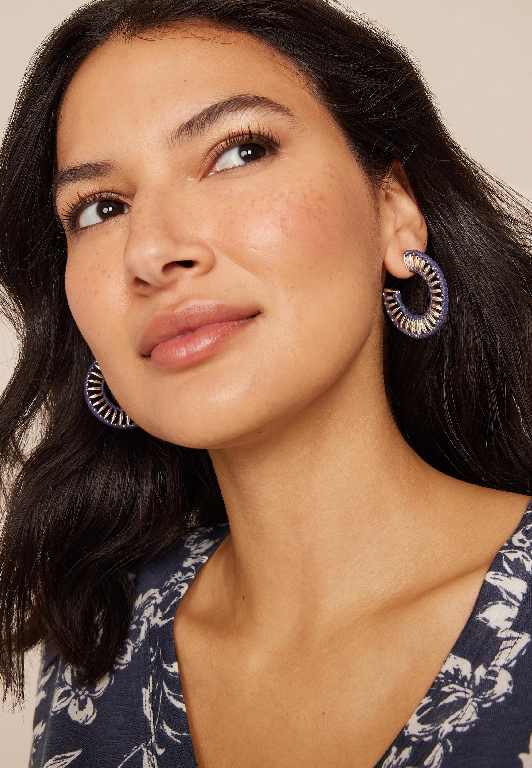 Blue Raffia Wrapped Hoop Earrings Product Image