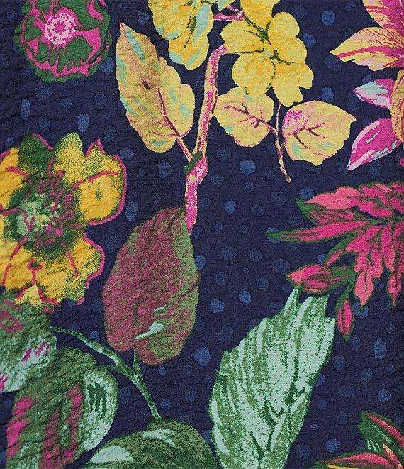 Ali Miles Tropical Printed Crinkle Point Collar 3/4 Sleeve Button Front Tunic Product Image