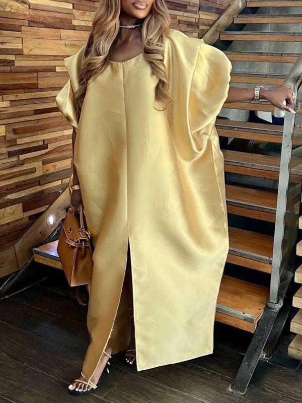 Half Sleeves Loose Elasticity Pleated Solid Color Split-Front V-Neck Maxi Dresses Product Image