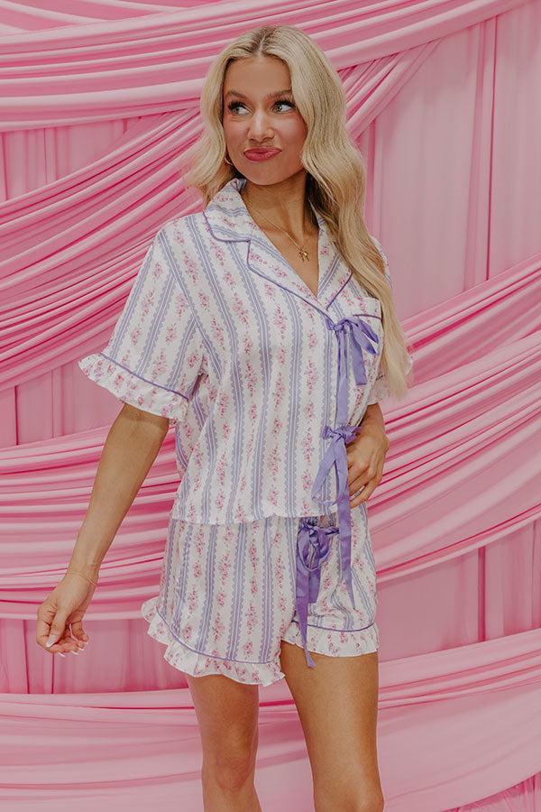 Cozy Tea Time Floral Satin Pajama Top in Lavender Product Image