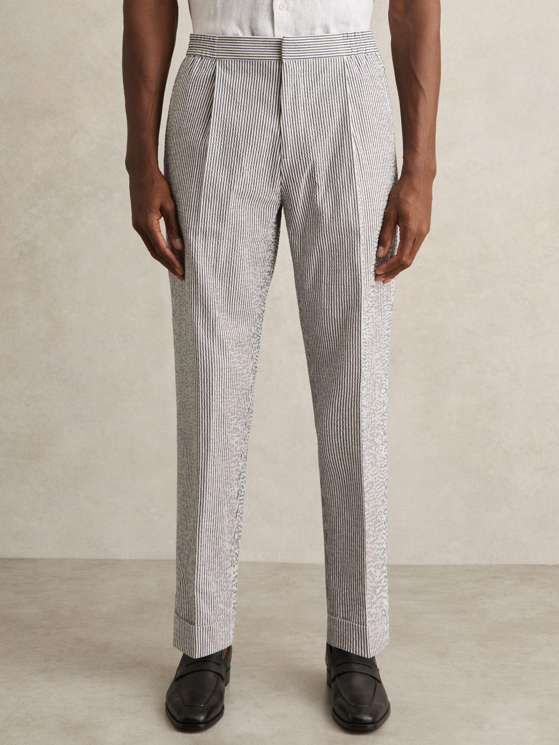 Stretch Seersucker Stripe Trousers in Navy/White Product Image