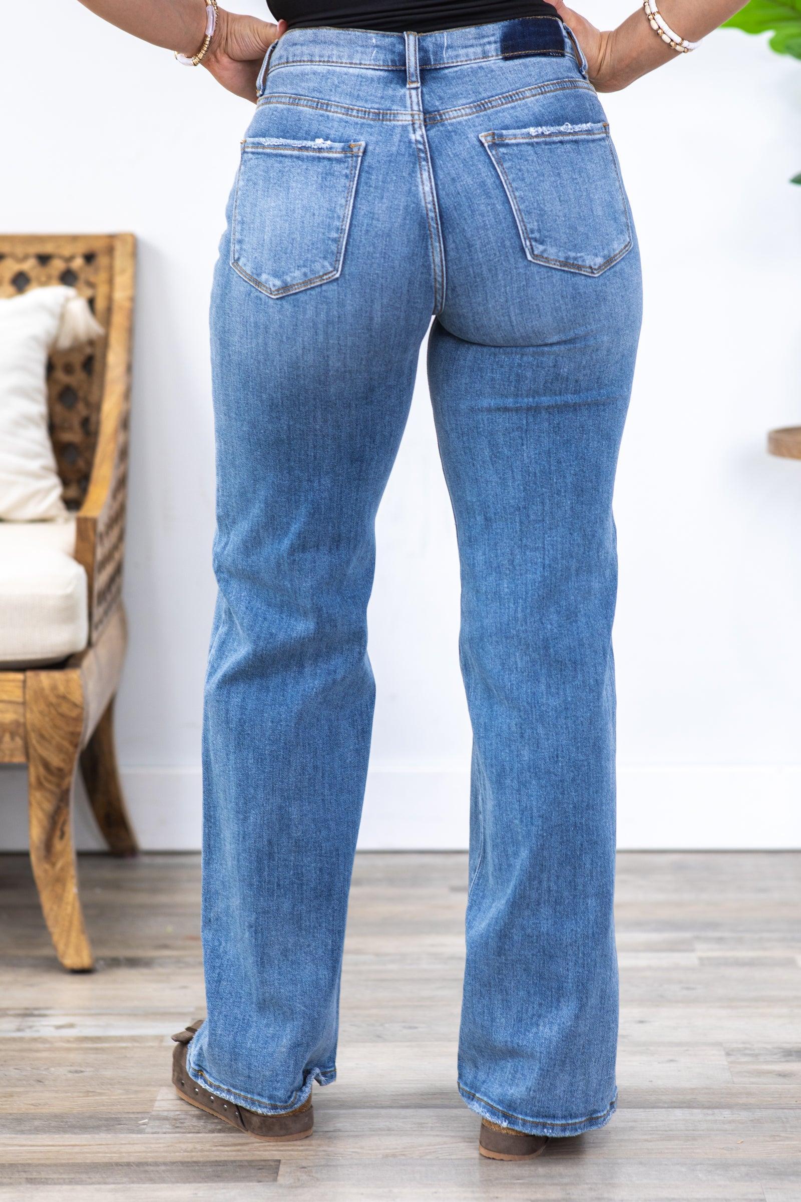 Risen Medium Wash Dipped V Wide Leg Jeans Product Image