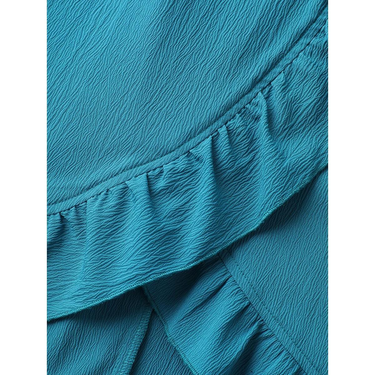 Plus Size Ruffled Lace Trim Pockets Plain Midi Dress Cerulean Women Overlap Collar Short sleeve Curvy BloomChic 26/4X Product Image