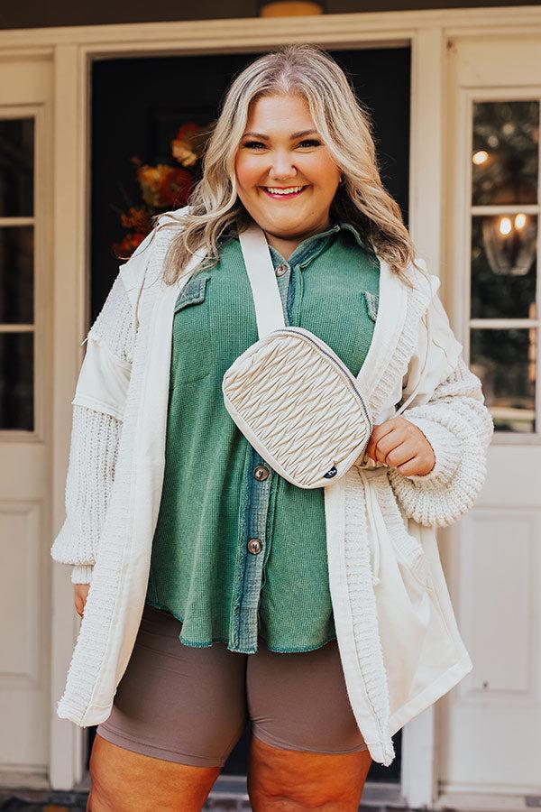 Campfire Stories Waffle Knit Button Up in Green Curves Product Image