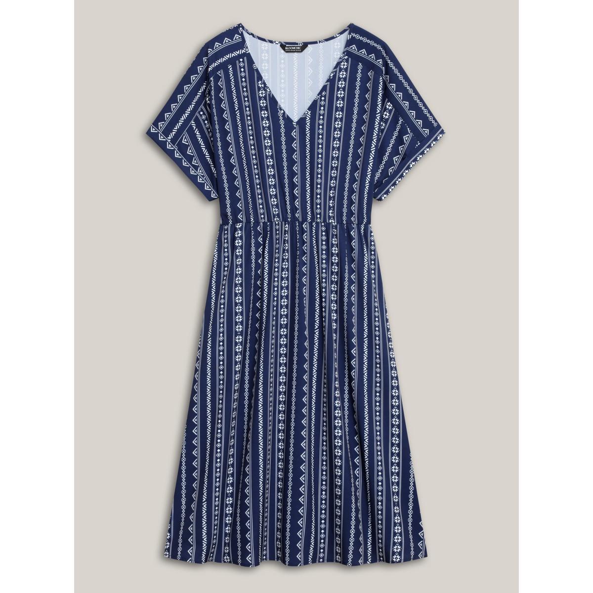 Plus Size Striped Waist-Cinched Dolman Sleeve Midi Dress DarkBlue Women Boho Gathered V-neck Short sleeve Curvy BloomChic 22-24/3X Product Image
