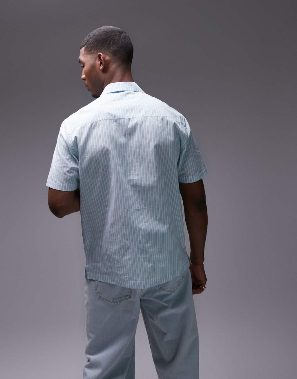 Topman short sleeve boxy striped shirt in light blue Product Image