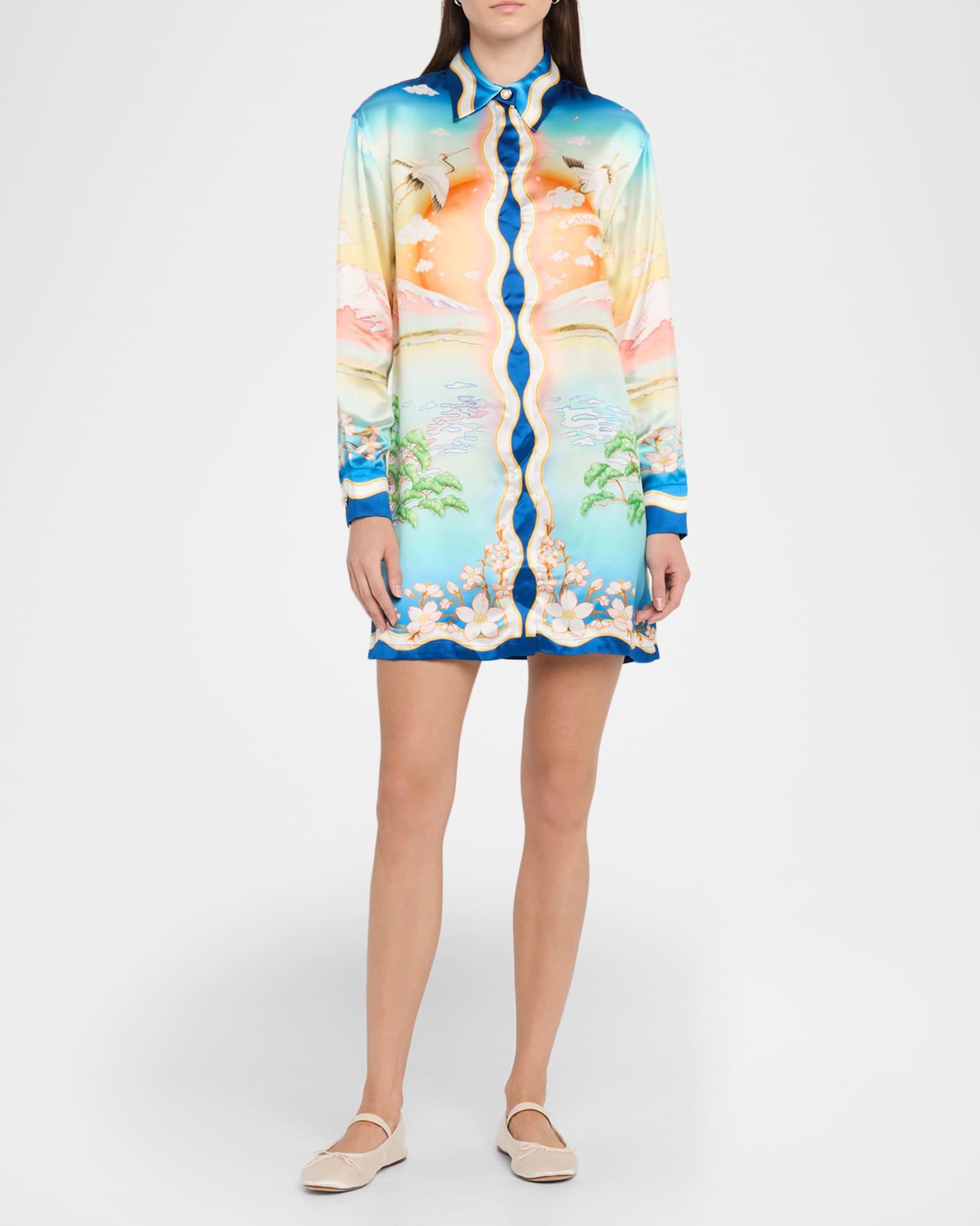 Printed Satin Long-Sleeve Mini Shirtdress Product Image