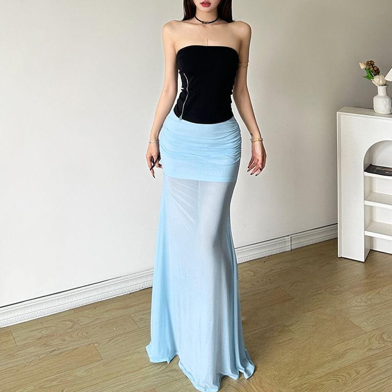 Mid Rise Plain Ruched Mesh Maxi Fishtail Skirt Product Image