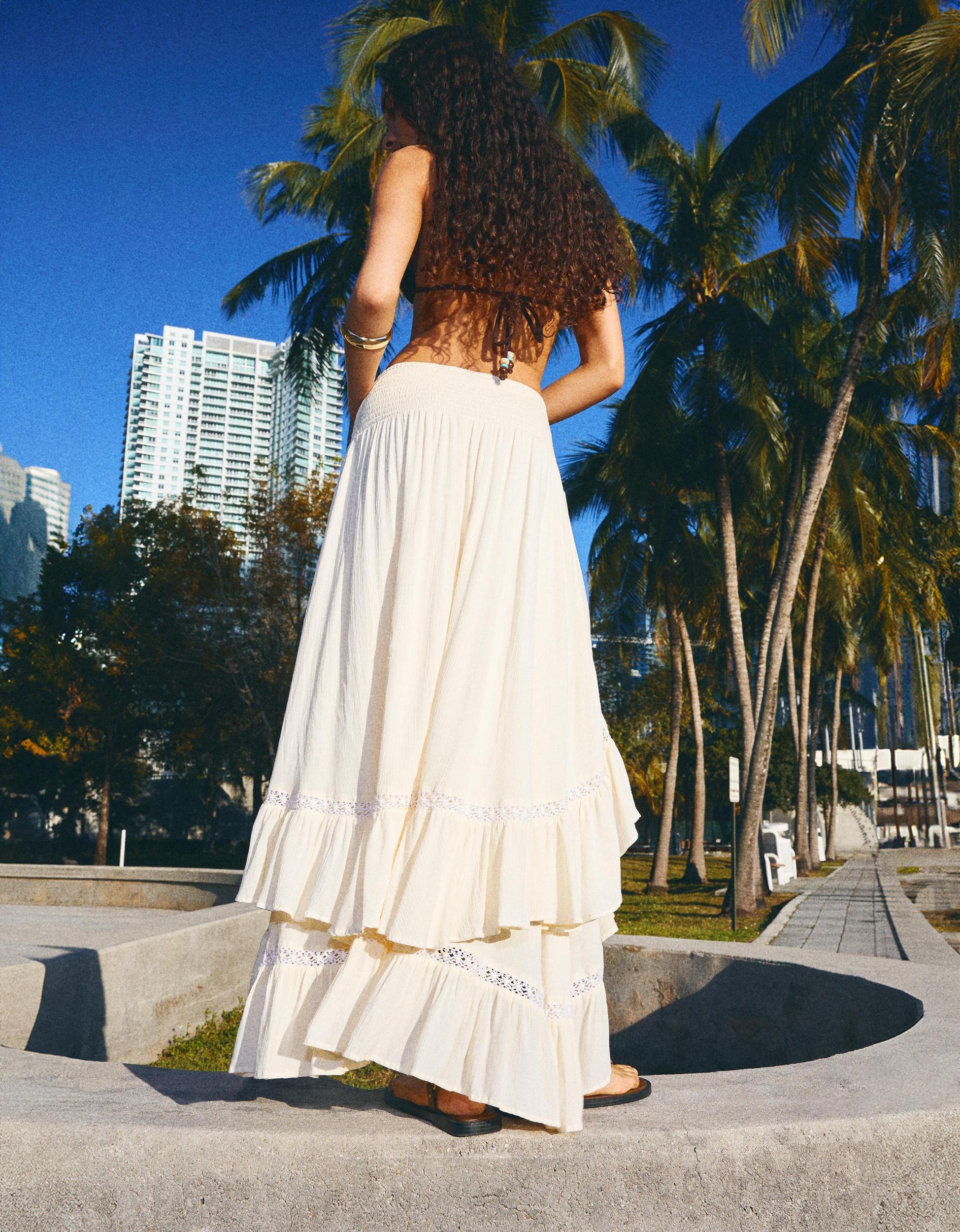 Asymmetric maxi skirt with textured lace trim Product Image